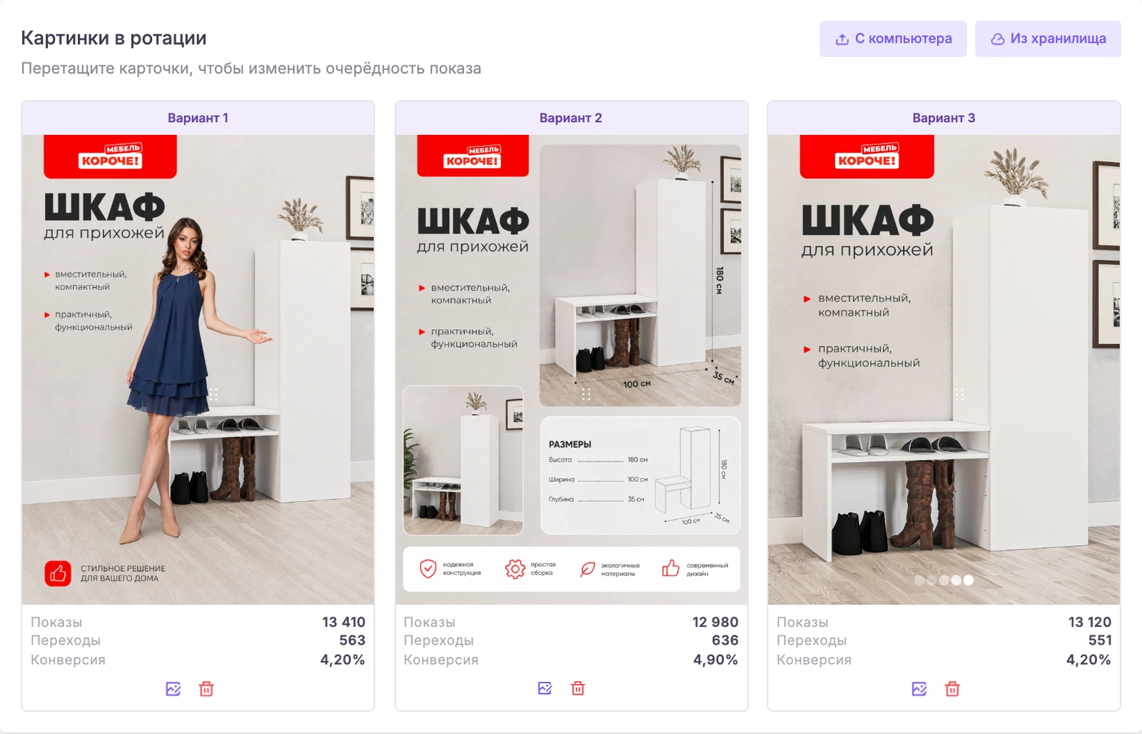 Реальный интерфейс A/B-теста: изображения в ротации и показатели каждого варианта